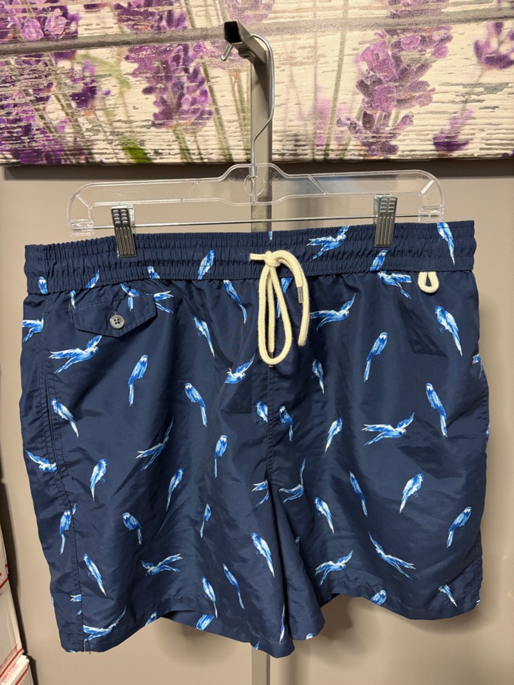 Polo by Ralph Lauren Navy Blue Swim Shorts with Light Blue Parrot Print EUC XL